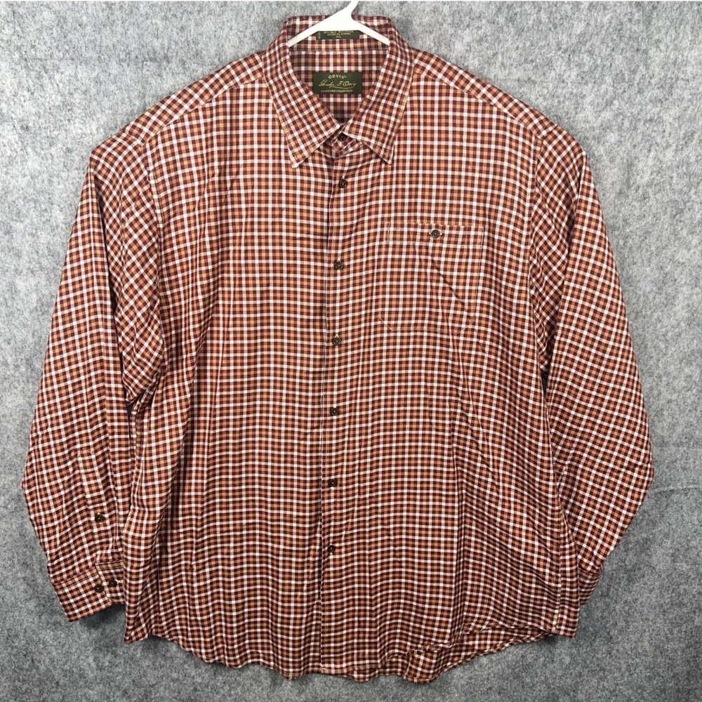 Orvis Signature Silk Wool Gingham Button Down Shirt Mens XXL Burgundy Tan Check